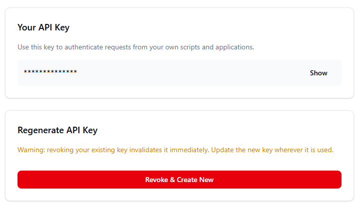 Dashboard settings showing API key management including reveal, copy, and revoke controls