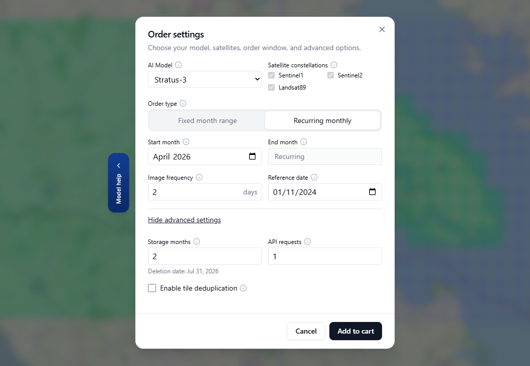 Order Settings advanced panel in dashboard showing Storage Months and API Requests fields