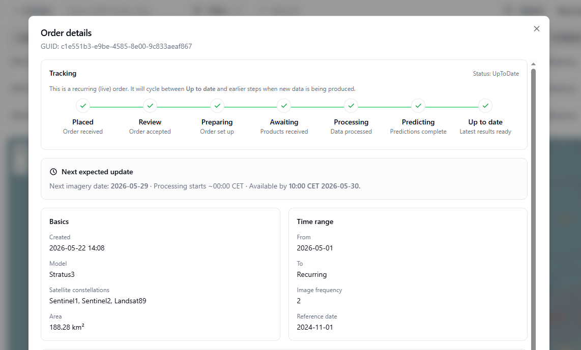 Order details dialog showing the status timeline for a live recurring order in UpToDate state