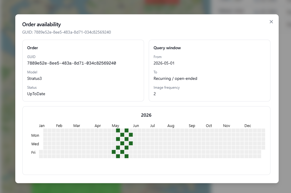 Dashboard availability view with order list, map, and date-level checks