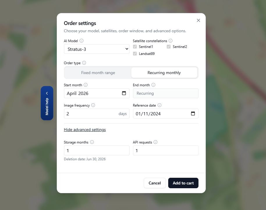 Configure dialog in dashboard showing model, constellation, and date settings