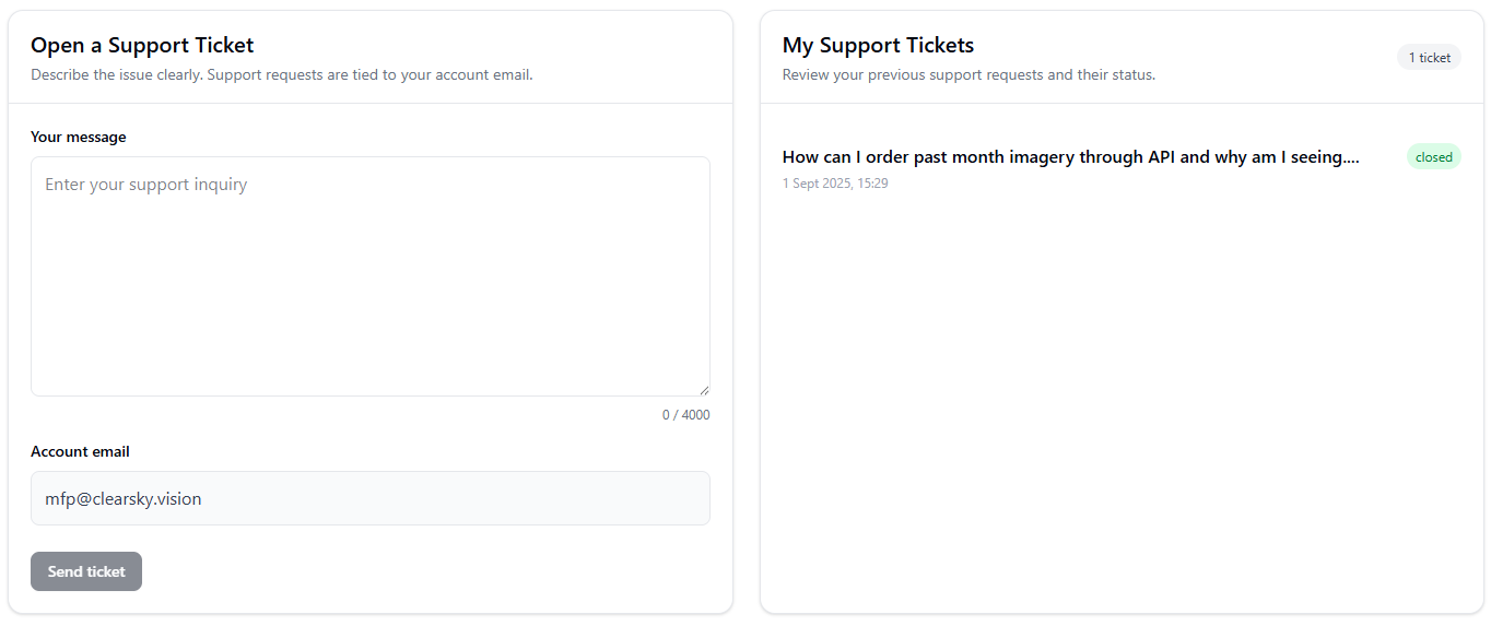 Dashboard support view showing support tickets and ticket details
